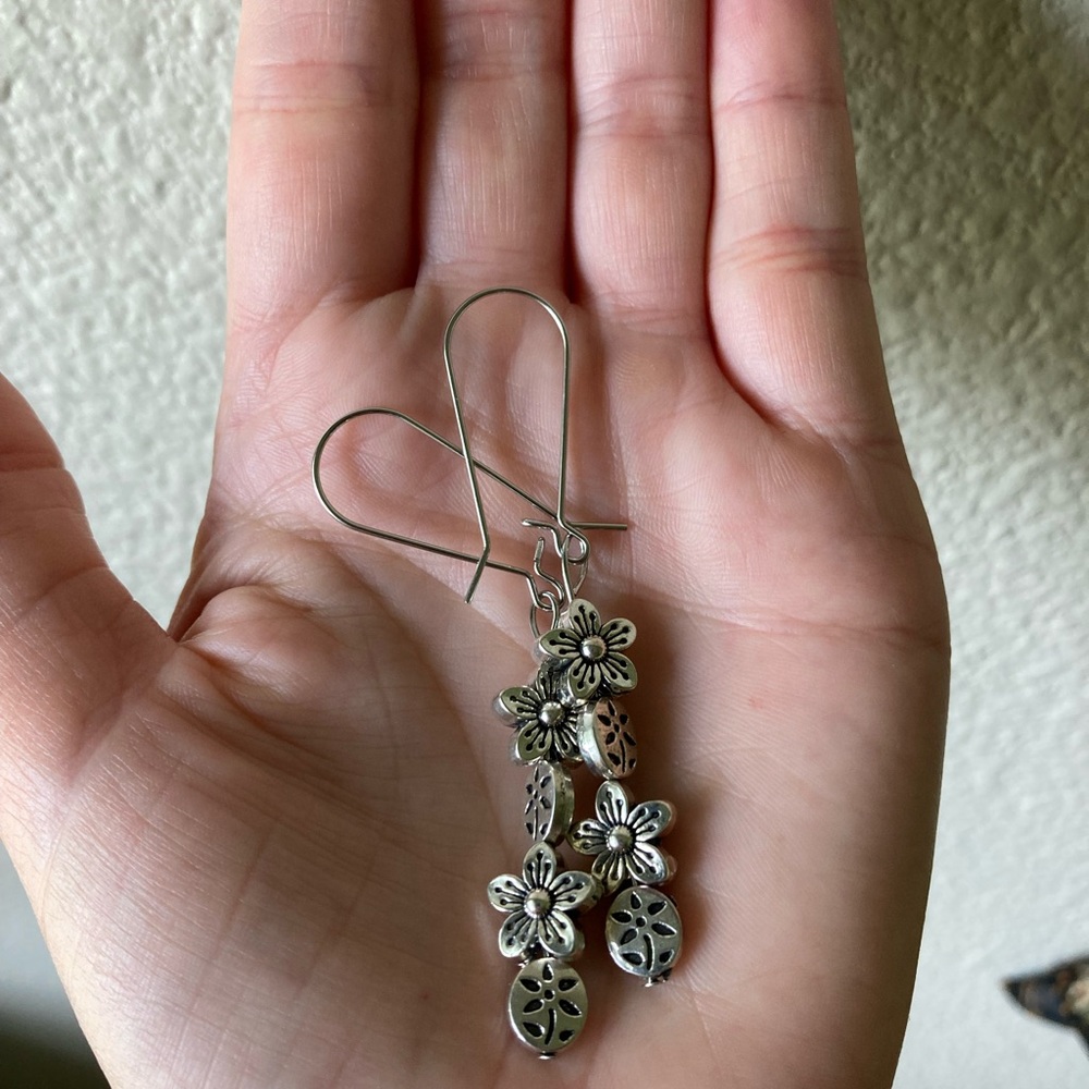 Silver Toned Metal Floral Drop Earrings - Picture 3 of 5